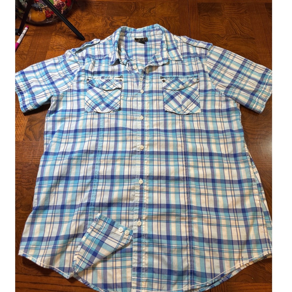Helix Mens Blue Plaid Short Sleeve Button Down Shirt XXL Epaulettes Pockets